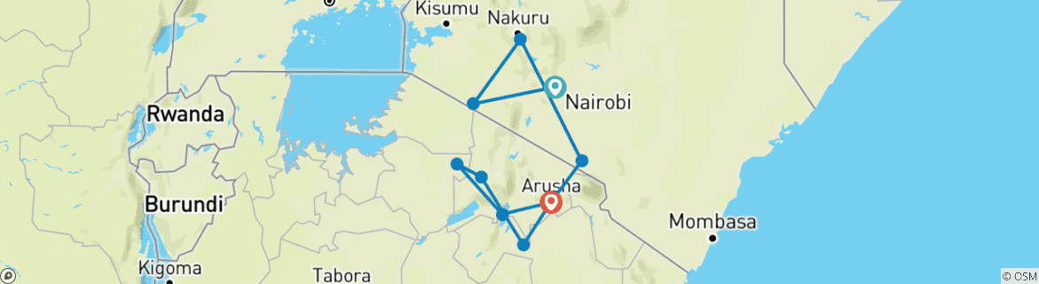 Image of a map showing the route of the tour
