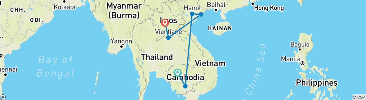 Image of a map showing the route of the tour