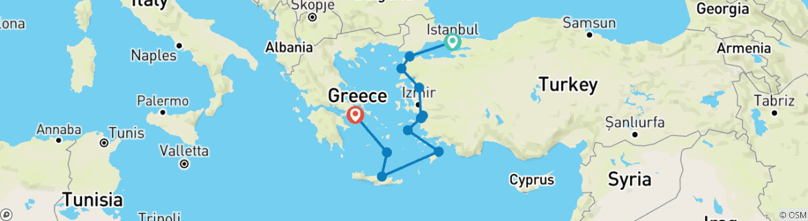 Image of a map showing the route of the tour