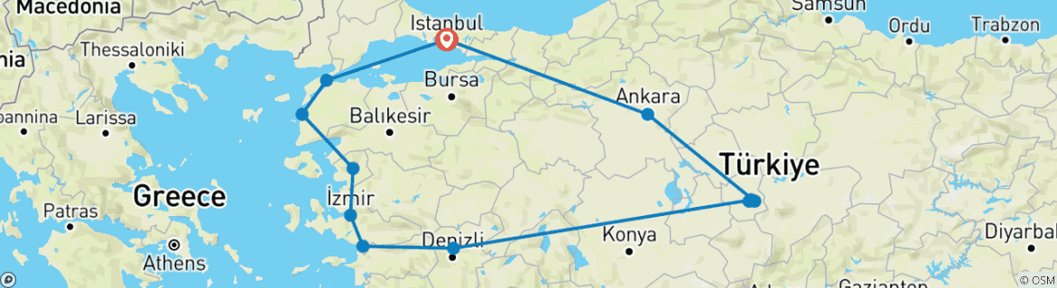 Image of a map showing the route of the tour