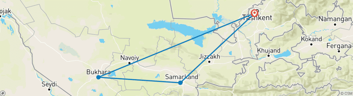 Image of a map showing the route of the tour