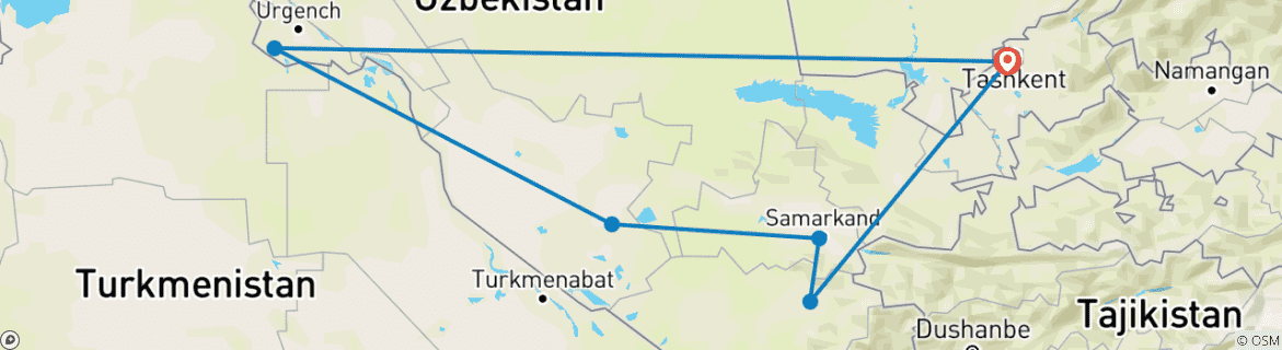 Image of a map showing the route of the tour