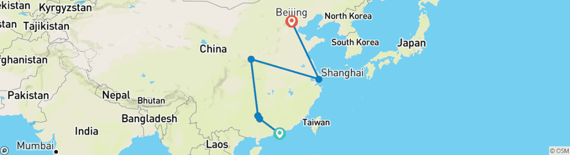 Image of a map showing the route of the tour