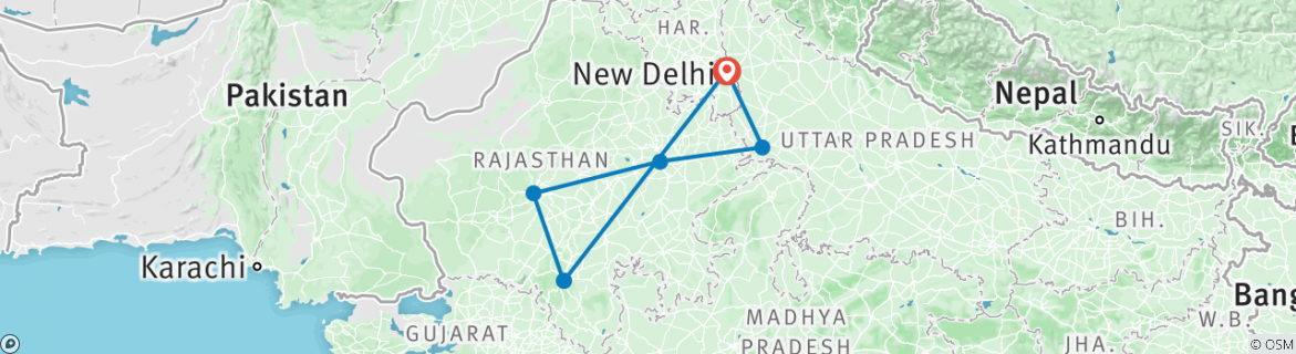 Image of a map showing the route of the tour