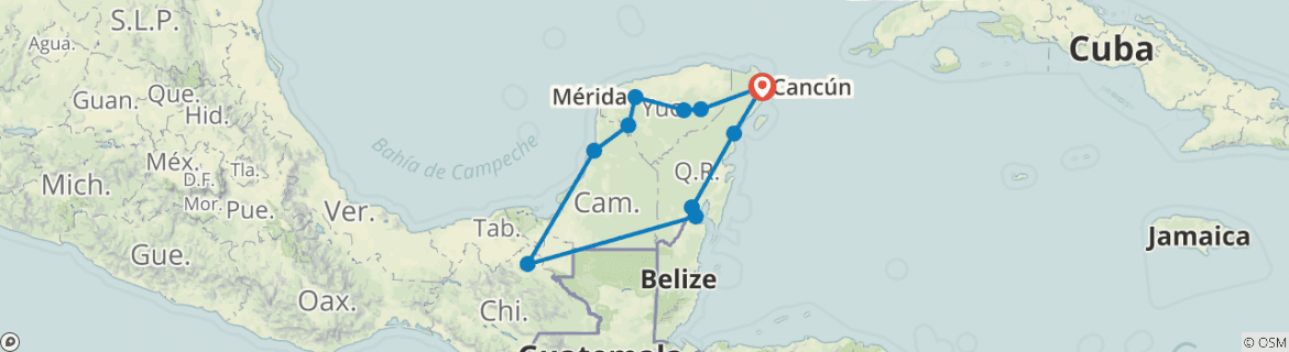 Image of a map showing the route of the tour