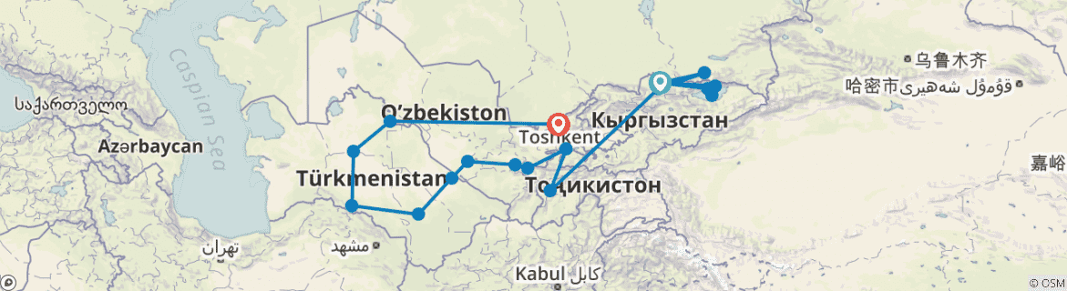 Image of a map showing the route of the tour