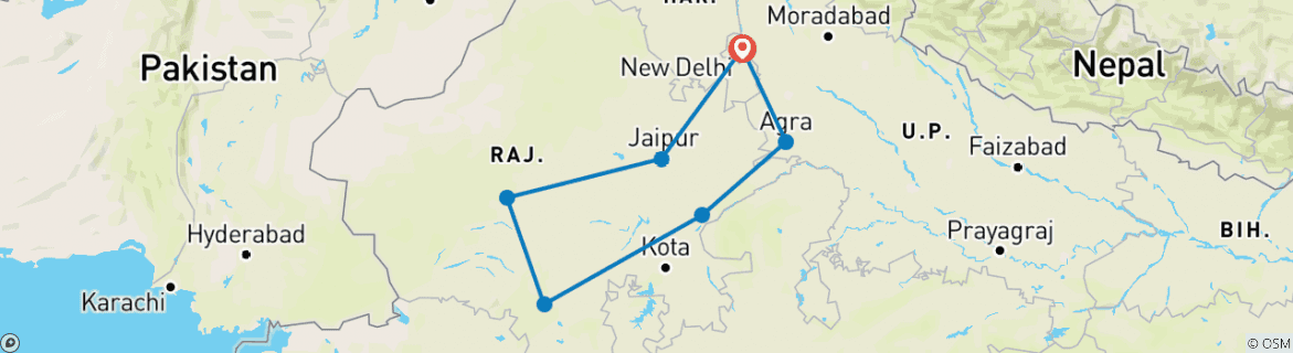 Image of a map showing the route of the tour