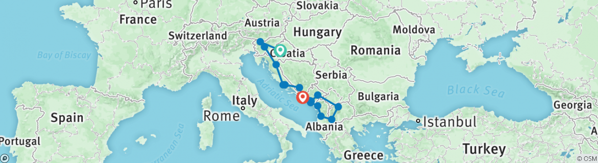 Image of a map showing the route of the tour