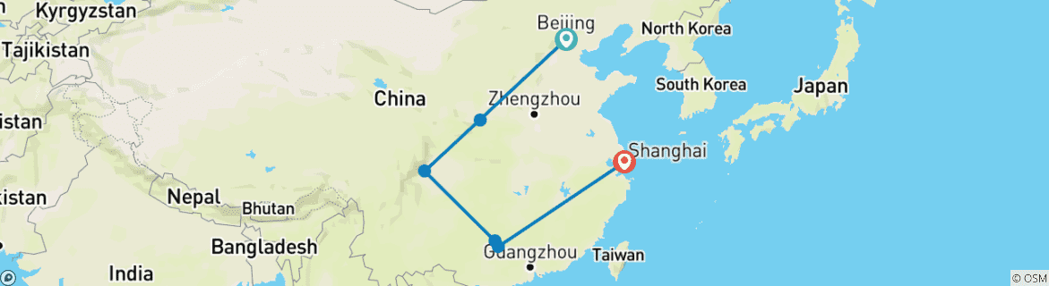 Image of a map showing the route of the tour
