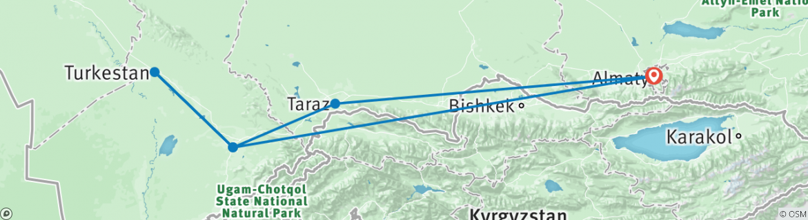 Image of a map showing the route of the tour