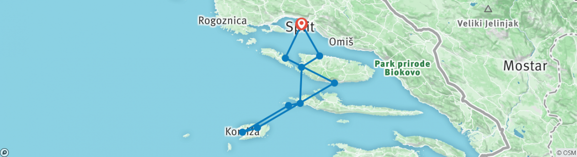Image of a map showing the route of the tour