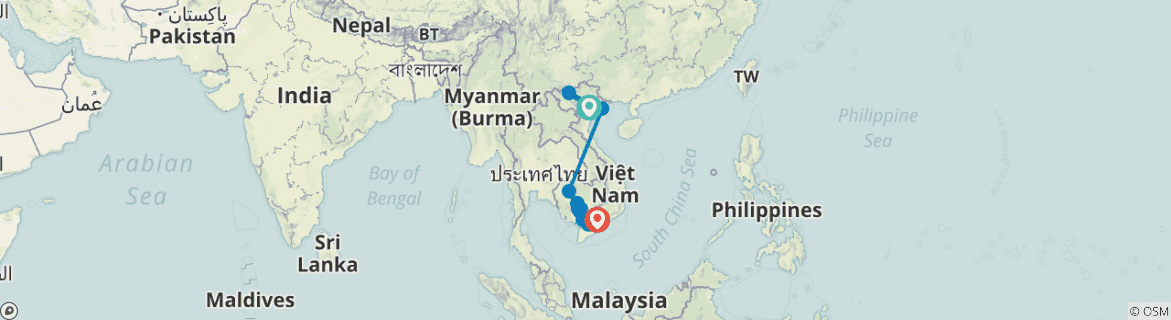 Image of a map showing the route of the tour