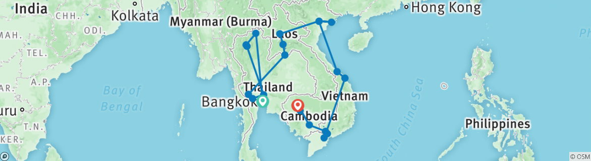 Image of a map showing the route of the tour