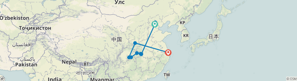 Image of a map showing the route of the tour