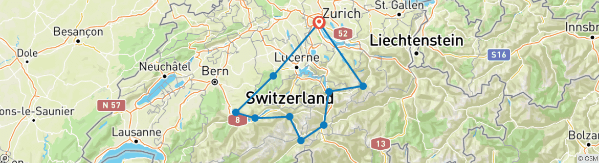 Image of a map showing the route of the tour