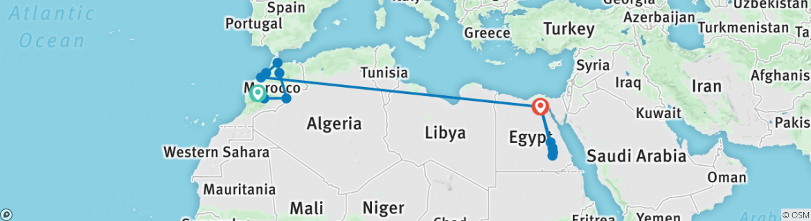 Image of a map showing the route of the tour