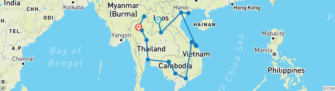Karte von Laos, Vietnam, Kambodscha & Thailand Entdeckungsreise - 21 Tage