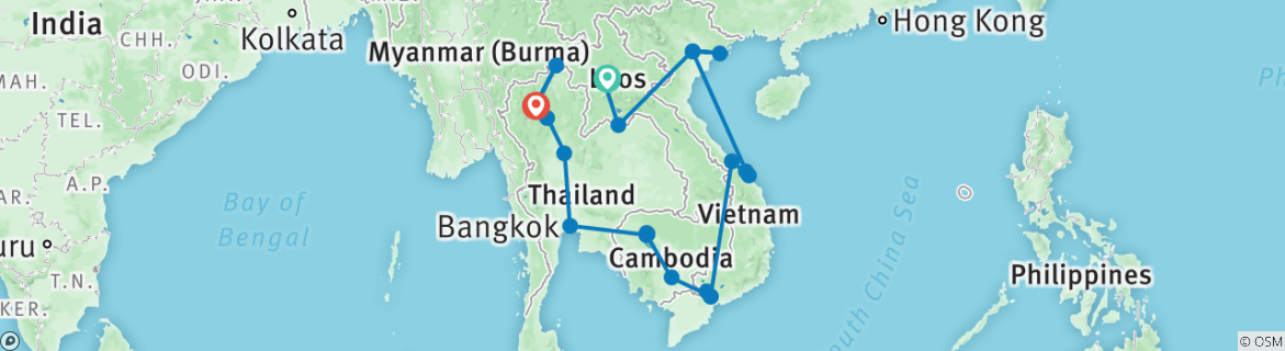 Image of a map showing the route of the tour