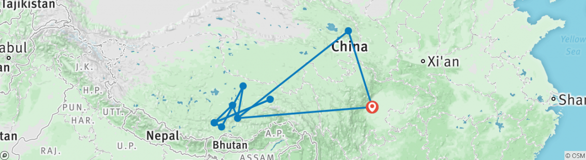 Image of a map showing the route of the tour