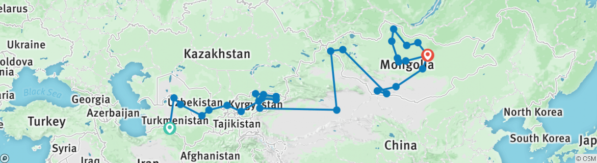 Image of a map showing the route of the tour