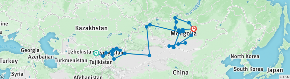Image of a map showing the route of the tour