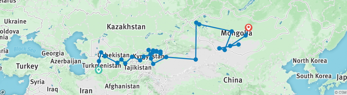 Image of a map showing the route of the tour