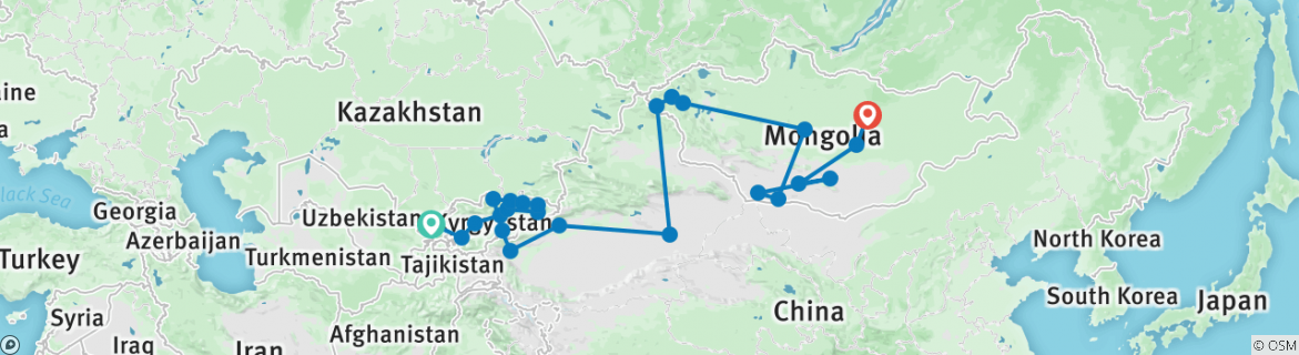 Image of a map showing the route of the tour