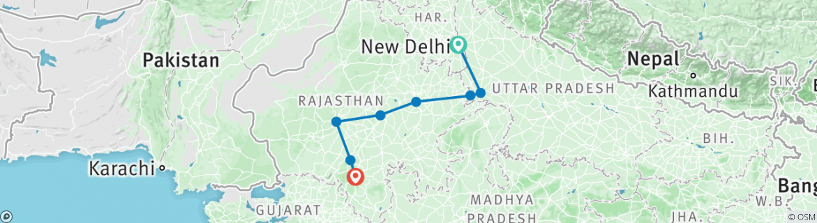 Image of a map showing the route of the tour