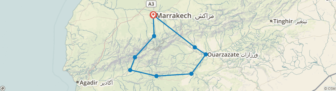 Image of a map showing the route of the tour
