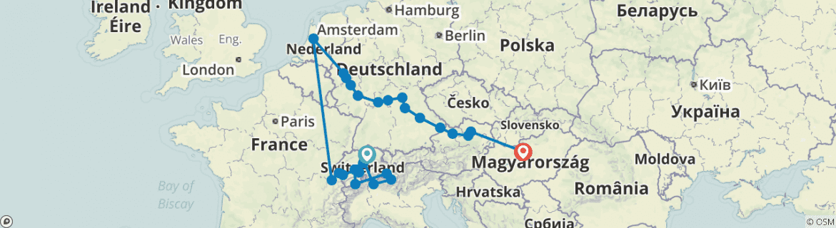 Image of a map showing the route of the tour