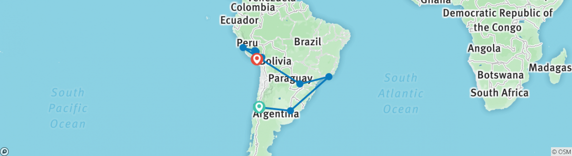 Image of a map showing the route of the tour