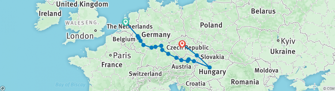 Image of a map showing the route of the tour