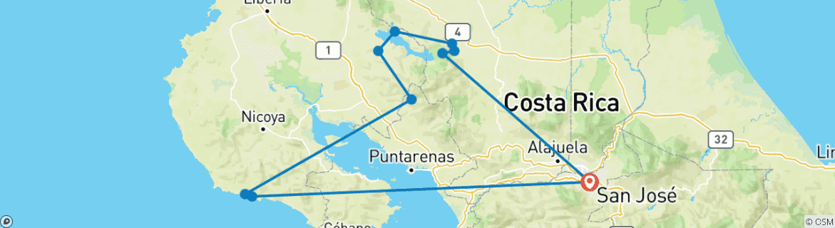 Image of a map showing the route of the tour