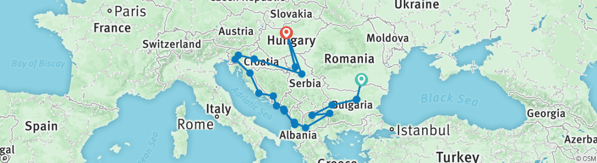 Image of a map showing the route of the tour