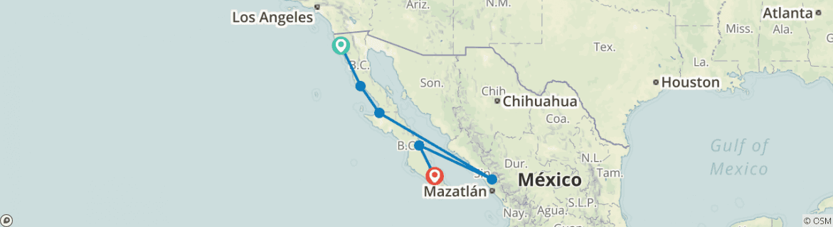 Image of a map showing the route of the tour