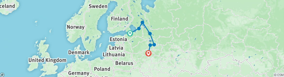 Image of a map showing the route of the tour