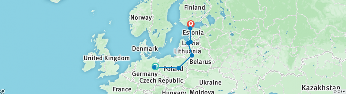 Image of a map showing the route of the tour