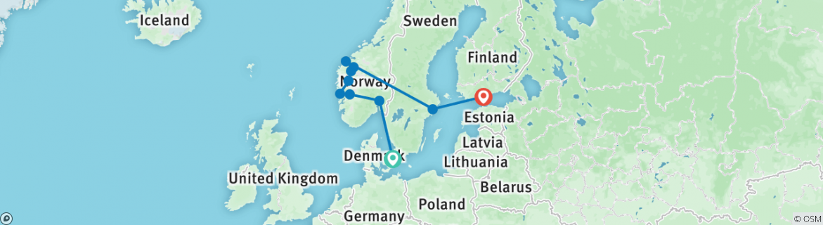 Image of a map showing the route of the tour