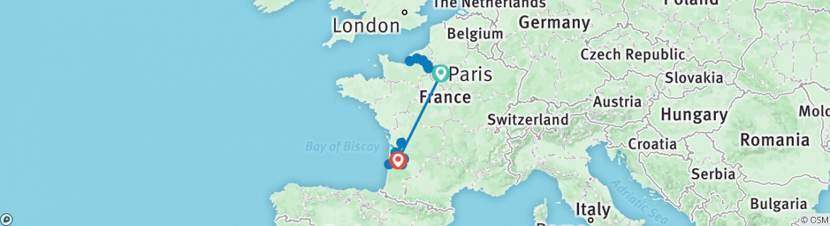 Image of a map showing the route of the tour