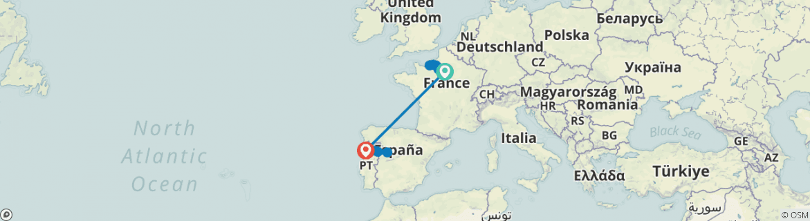 Image of a map showing the route of the tour