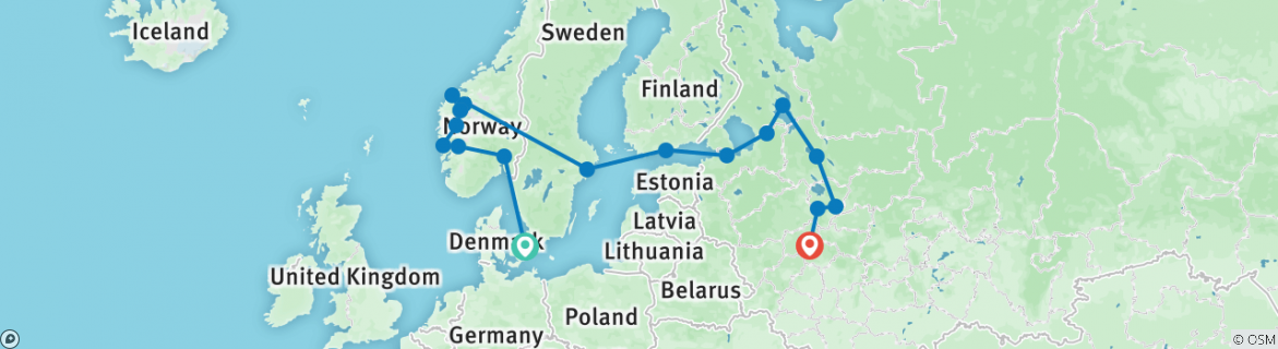 Image of a map showing the route of the tour
