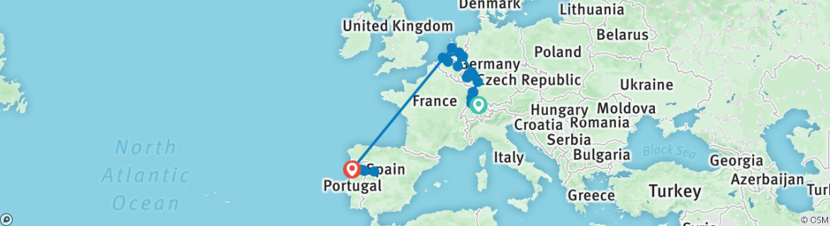 Image of a map showing the route of the tour