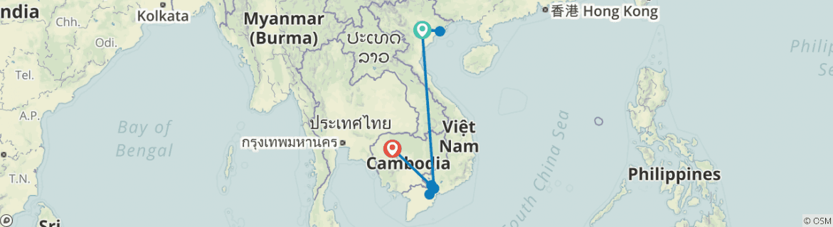 Image of a map showing the route of the tour