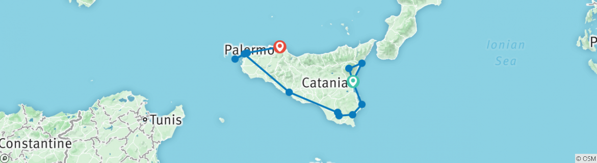 Image of a map showing the route of the tour