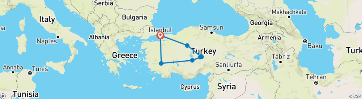 Image of a map showing the route of the tour