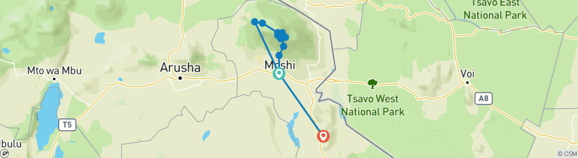 Carte du circuit Kilimanjaro Climb Londorosi Route 11 jours*Tout l'hébergement et les transferts aéroport inclus*.