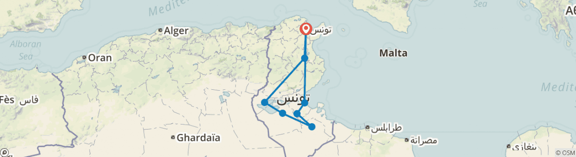 Image of a map showing the route of the tour