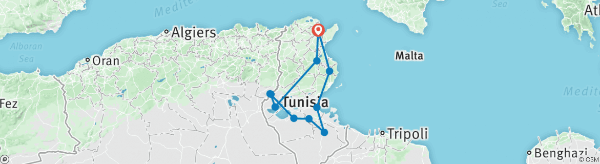 Image of a map showing the route of the tour