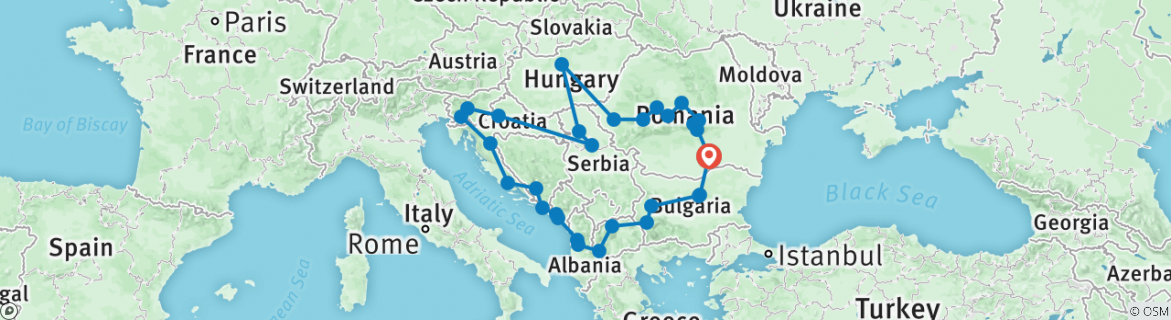 Image of a map showing the route of the tour