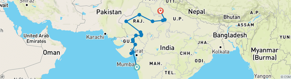 Image of a map showing the route of the tour